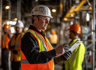 A photorealistic image of a safety manager conducting a safety audit on an industrial construction site. The manager is reviewing worker IDs attached to workers' helmets. Workers are wearing protective gear, including high-visibility vests, hard hats, and safety gloves. In the background, industrial equipment and scaffolding are visible, with a focus on ensuring compliance with safety standards. The scene is brightly lit, emphasizing the importance of worker safety in hazardous environments. --ar 3:2 --style raw --v 6.1 Job ID: ee0a253a-b0fe-4282-ad4d-ddd2d4be5fa7