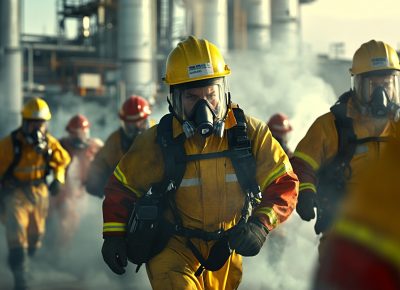 Photorealistic image of a workplace emergency drill in progress, showing diverse workers in safety gear, coordinated efforts, and clearly visible Vital ID tags on helmets and uniforms, set in a large industrial environment with realistic lighting and action-focused composition, 3:2 aspect ratio. --ar 4:3 --style raw --v 6.1 Job ID: 4b8383e1-4b7c-4227-8577-bed0aec8fef9