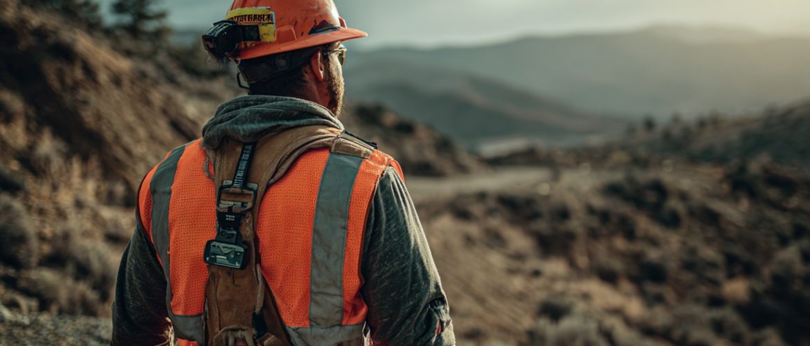 A lone field worker in a rugged outdoor environment, wearing a high-visibility vest, hard hat, and carrying tools, with an emergency ID tag clearly visible on their chest strap. The setting is remote--forestry terrain or industrial landscape. Realistic photography style, dramatic lighting, safety-focused, professional look. --ar 4:3 --v 7 Job ID: 9f9c1d12-81a5-448f-bc23-16d7954b5036